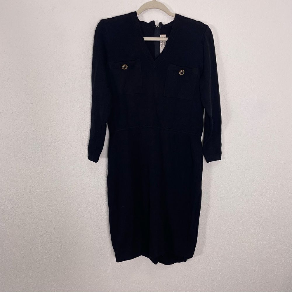 St. John for Saks Fifth Avenue Vintage Black V Neck Long Sleeve Knit Dress